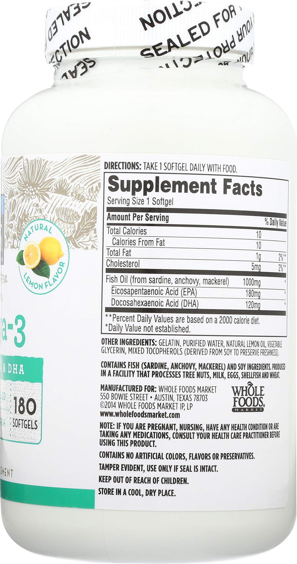 365 by Whole Foods Market Omega-3 Lemon capsules close-up—easy daily intake.