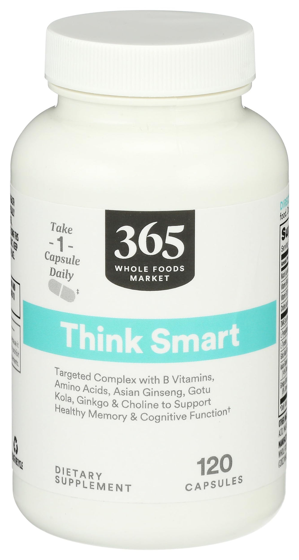 365 by Whole Foods Market Think Smart bottle front, B vitamins for daily focus.