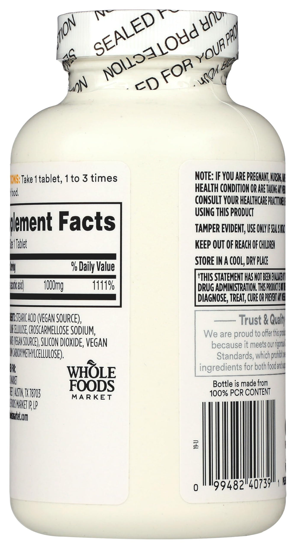 Label close-up on 365 Vitamin C 1000mg for clear vegan info