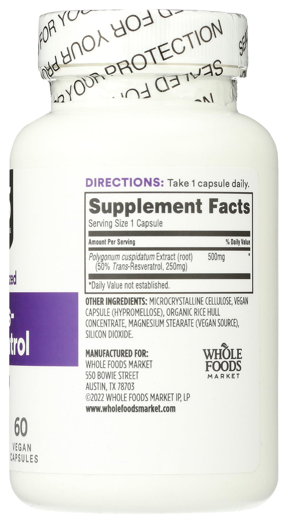 365 by Whole Foods Market Trans-Resveratrol on shelf signals GMP-backed quality.