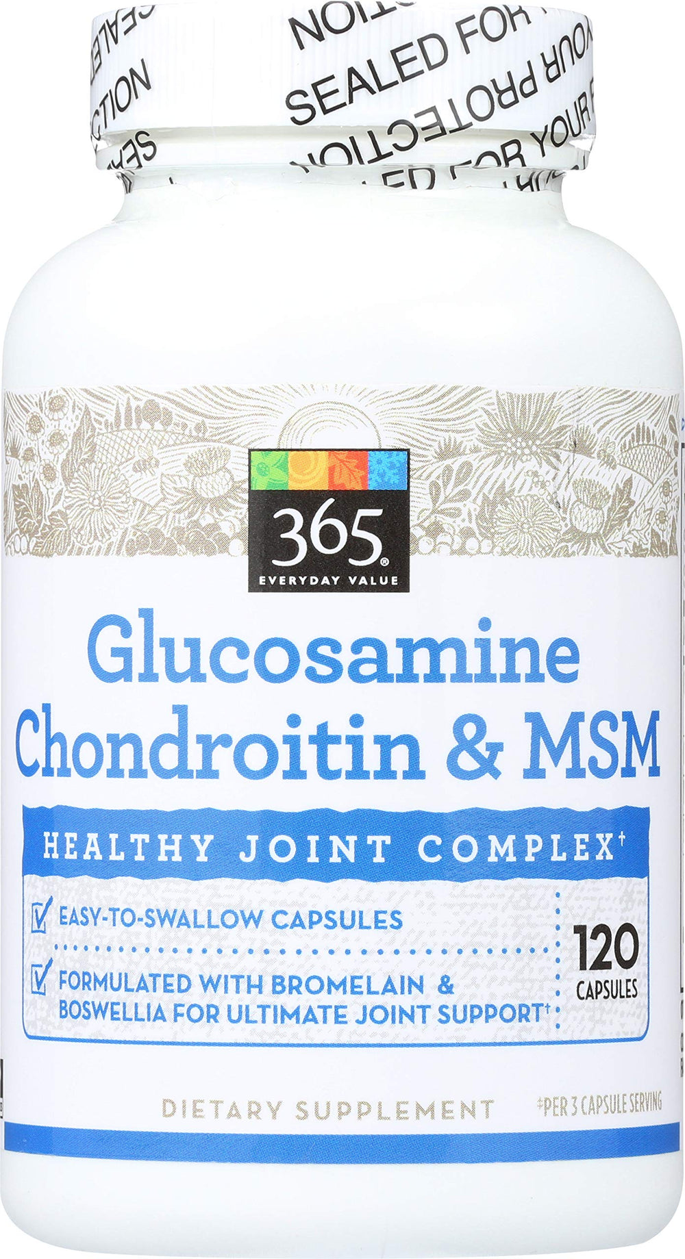 365 by Whole Foods Market glucosamine chondroitin msm bottle front for daily joint support.