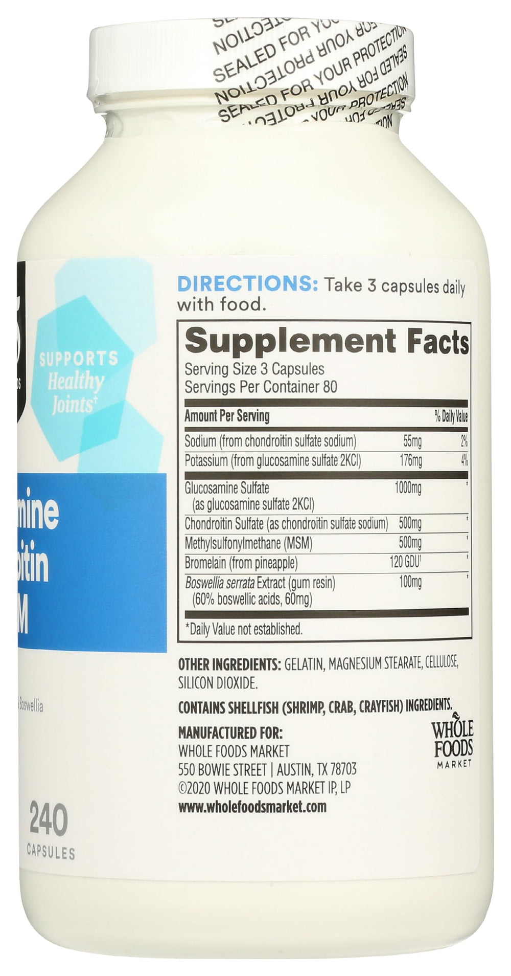 Close-up of easy-to-swallow capsules from 365 glucosamine chondroitin MSM