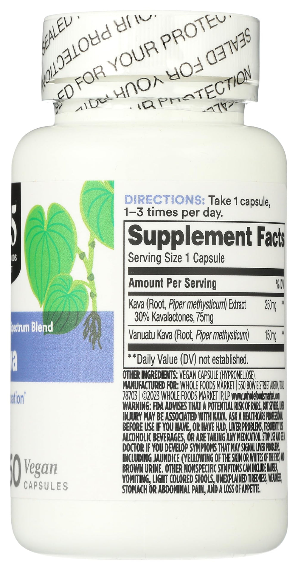 365 by Whole Foods Market Kava capsule closeup emphasizing vegan formula