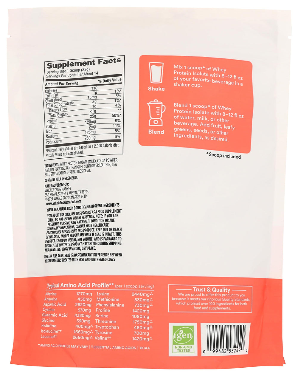 365 by Whole Foods Market chocolate whey protein isolate nutrition panel showing 25g protein