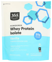 365 by Whole Foods Market whey protein isolate vanilla bottle highlights 25g protein per serving for daily use