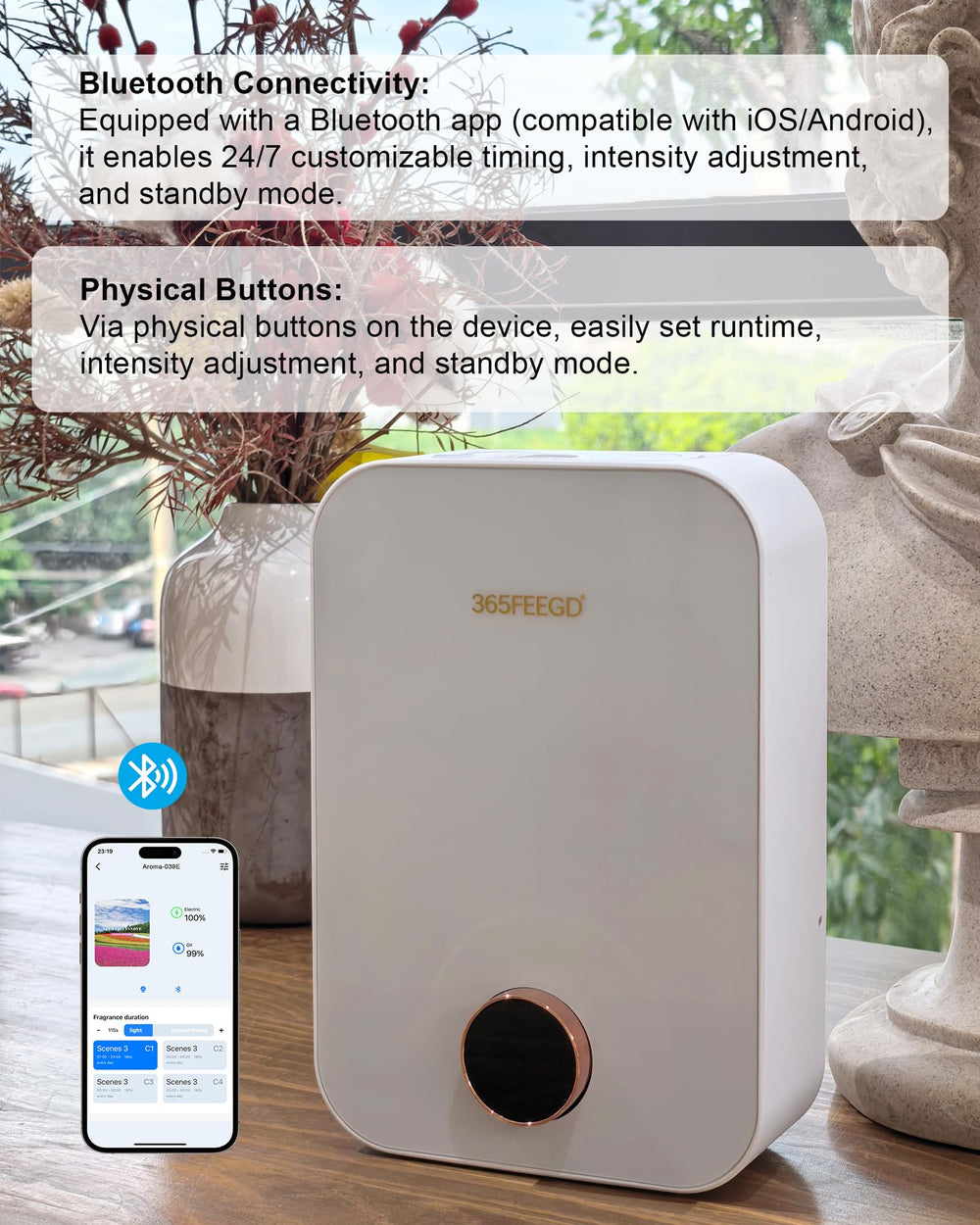 365FEEGD diffuser with Bluetooth app control for personalized schedules.