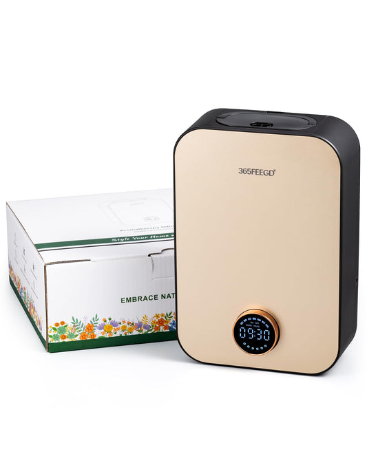 365FEEGD Home Diffuser front view; elevates ambiance with a sleek black-gold finish