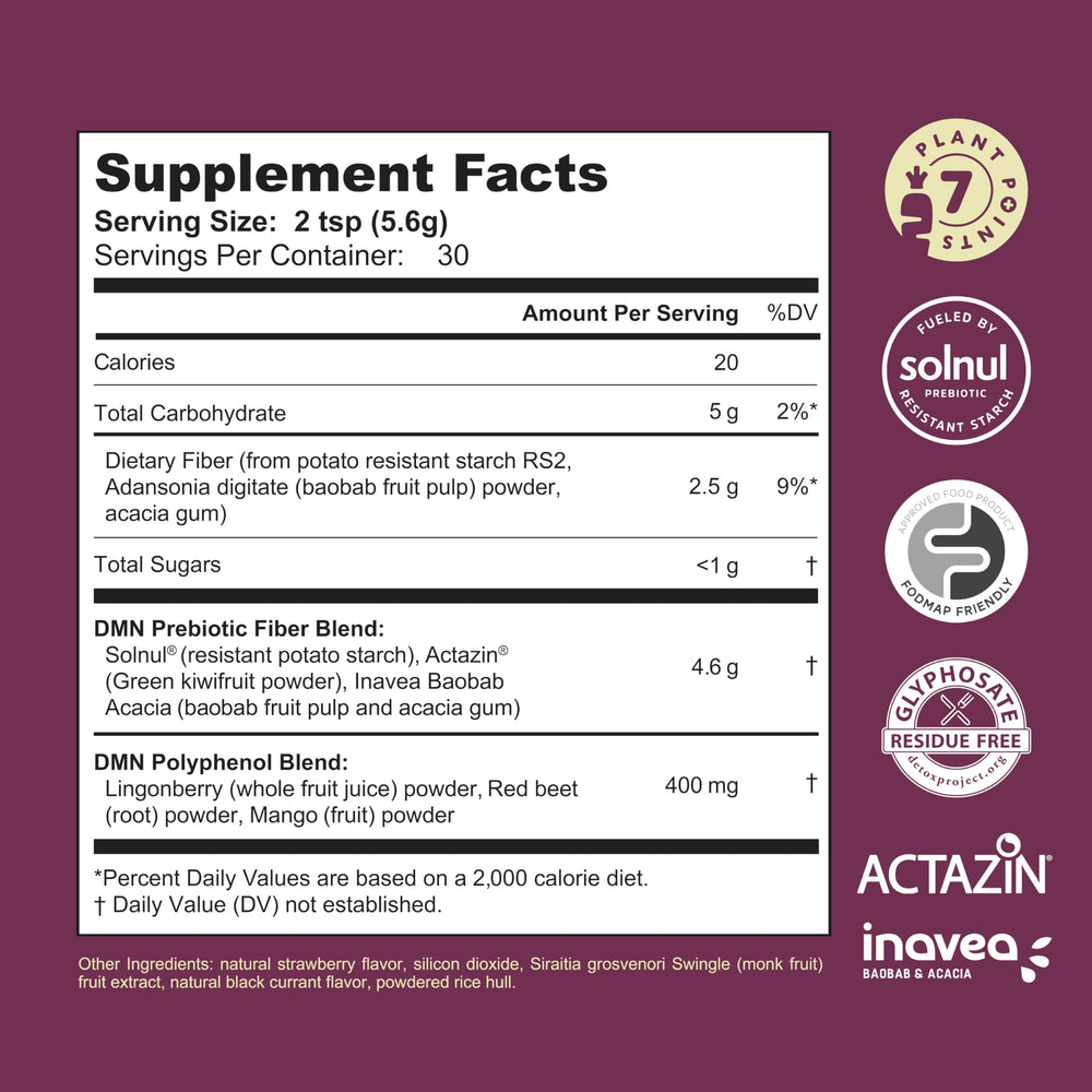 38TERA DMN powder close-up highlighting prebiotics.