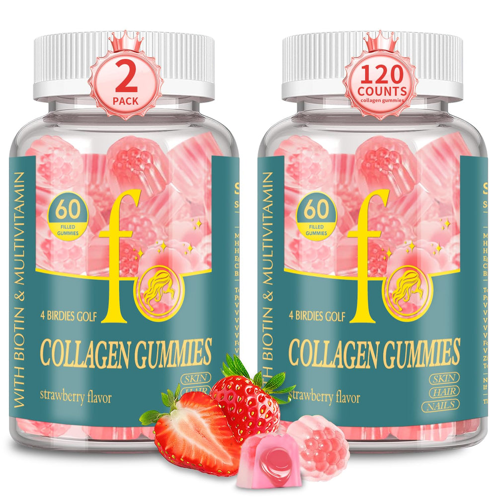 4 BIRDIES GOLF Collagen Gummies for Women strawberry tub shown, supporting skin and nails