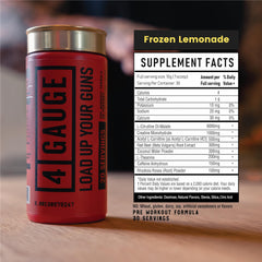 Glass pouring 4 Gauge preworkout reveals refreshing lemonade flavor.