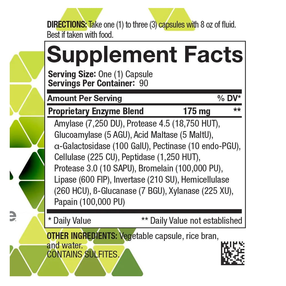 4Life Digestive Enzymes label closeup highlights enzymes for efficient nutrient breakdown.