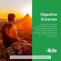 4Life Digestive Enzymes bottle pouring capsules supports after-meal digestion on the go.