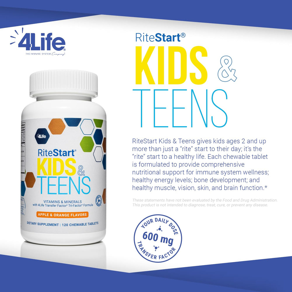 4Life RiteStart bottle and tablets on a kitchen counter for easy daily supplementation.