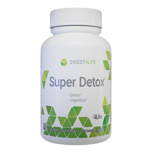 4Life Super Detox bottle label highlights a clean design for detox support and wellness.