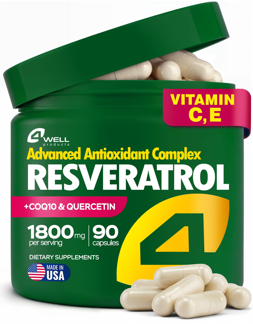 4Well Resveratrol 1800mg complex bottle highlights antioxidant power for daily wellness