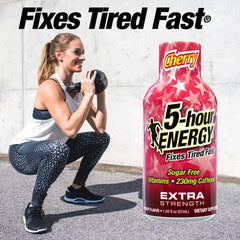 5-hour ENERGY Extra Strength Cherry bottle pour demonstrates quick energy for on-the-go routines