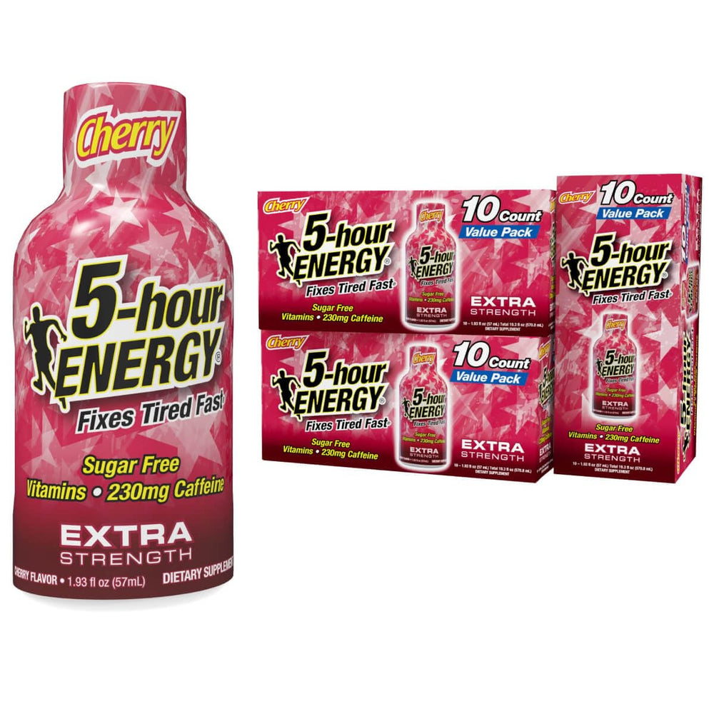 5-hour ENERGY Extra Strength Cherry packaging highlights zero-sugar convenience for busy mornings
