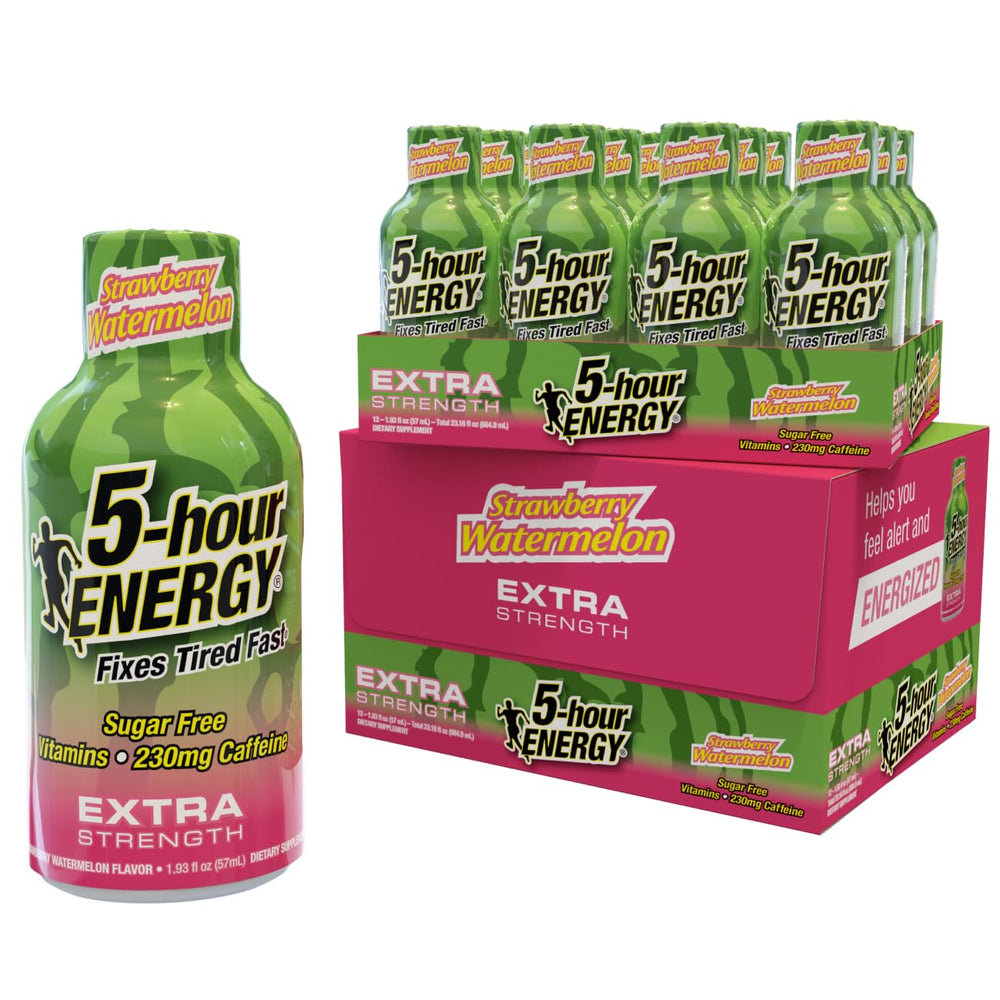5-hour ENERGY extra strength strawberry watermelon bottle on a desk for busy days