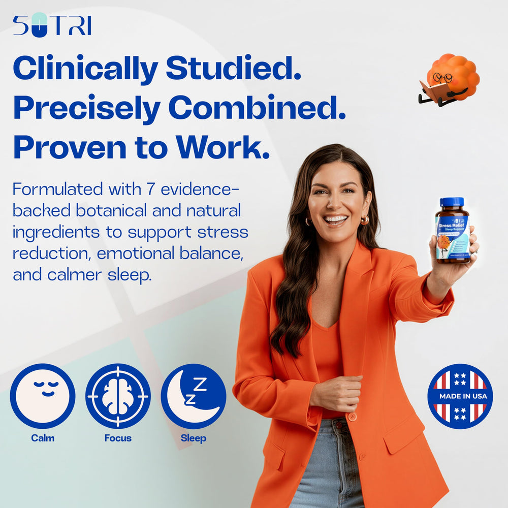Graphic showing GABA, L-Theanine, 5-HTP, and melatonin in the 5 Nutri blend