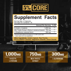 5% Nutrition Core Liver Support Glutathione bottle showing antioxidant balance for busy days