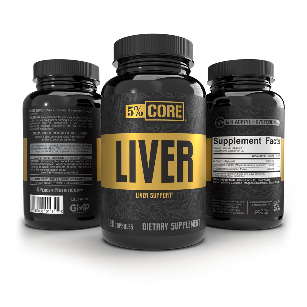 5% Nutrition Core Liver Support Milk Thistle bottle highlighting liver support with silymarin
