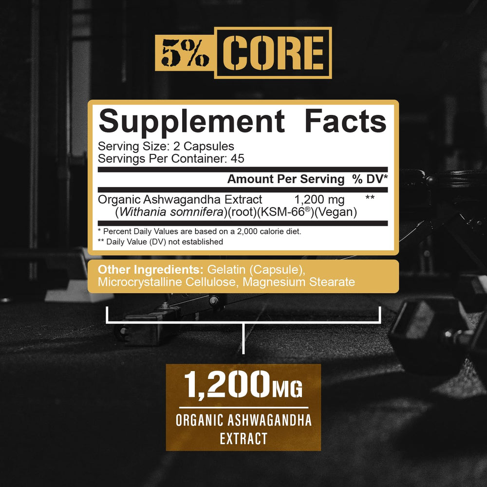 Closeup of 5% Nutrition Core KSM-66 Ashwagandha label showing organic sourcing
