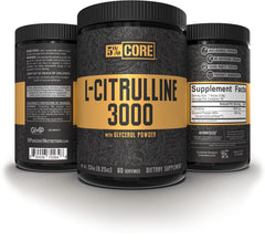 Bottle with powder from 5% Nutrition Core L-Citrulline 3000 alongside workout gear.
