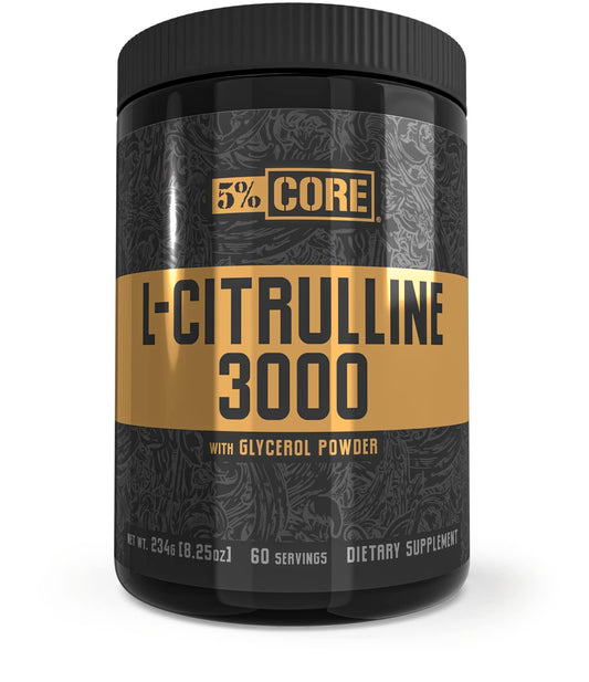5% Nutrition Core L-Citrulline 3000 with glycerol bottle shows nitric oxide support and hydration potential.