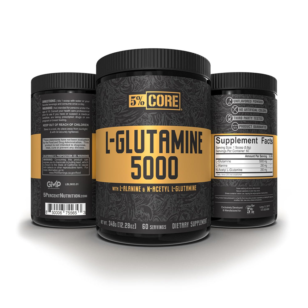 Close-up of 5% Nutrition Core L-Glutamine label highlighting premium formula for gut support.