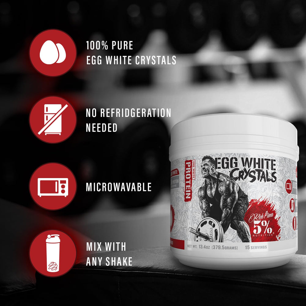5% Nutrition Egg White Crystals powder poured for versatile recipes.