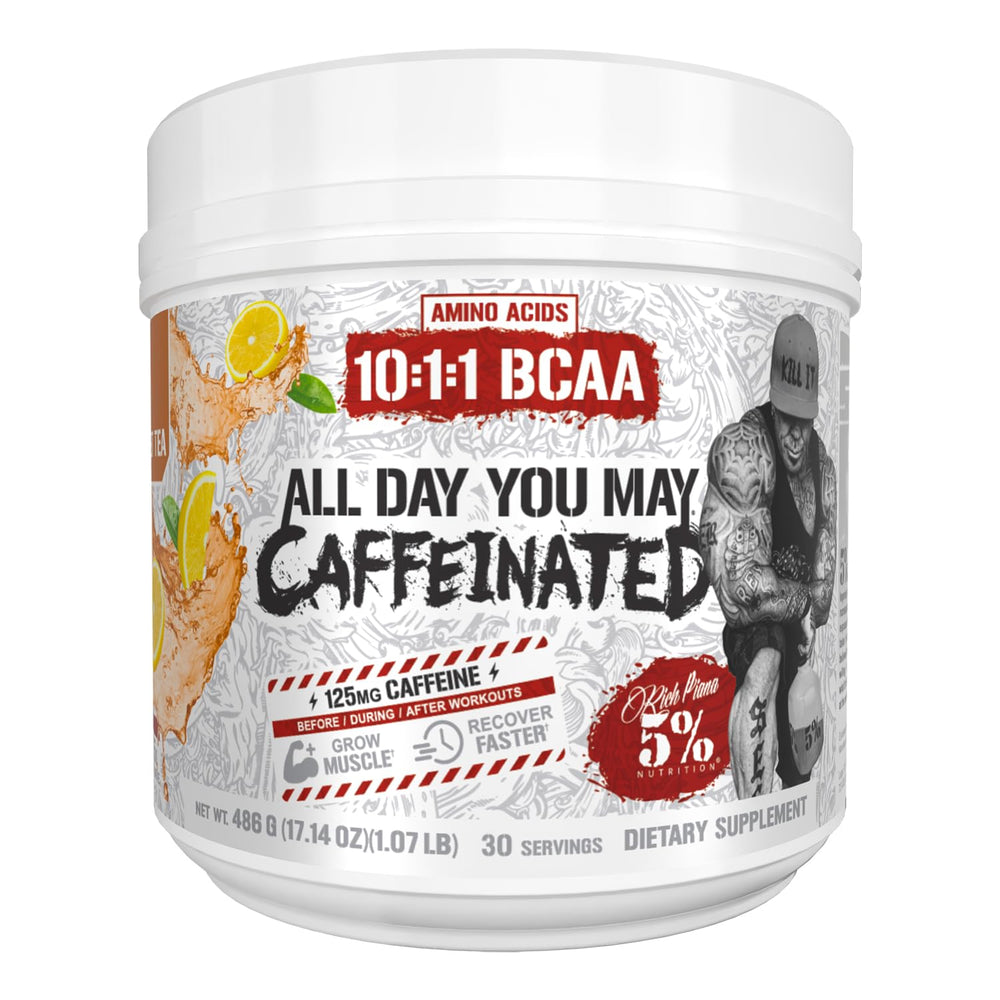 5% Nutrition Rich Piana ADYM caffeinated BCaa powder bottle pouring energy during workouts