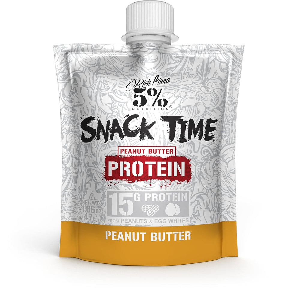 5% Nutrition Snack Time closeup of creamy peanut butter egg white protein.