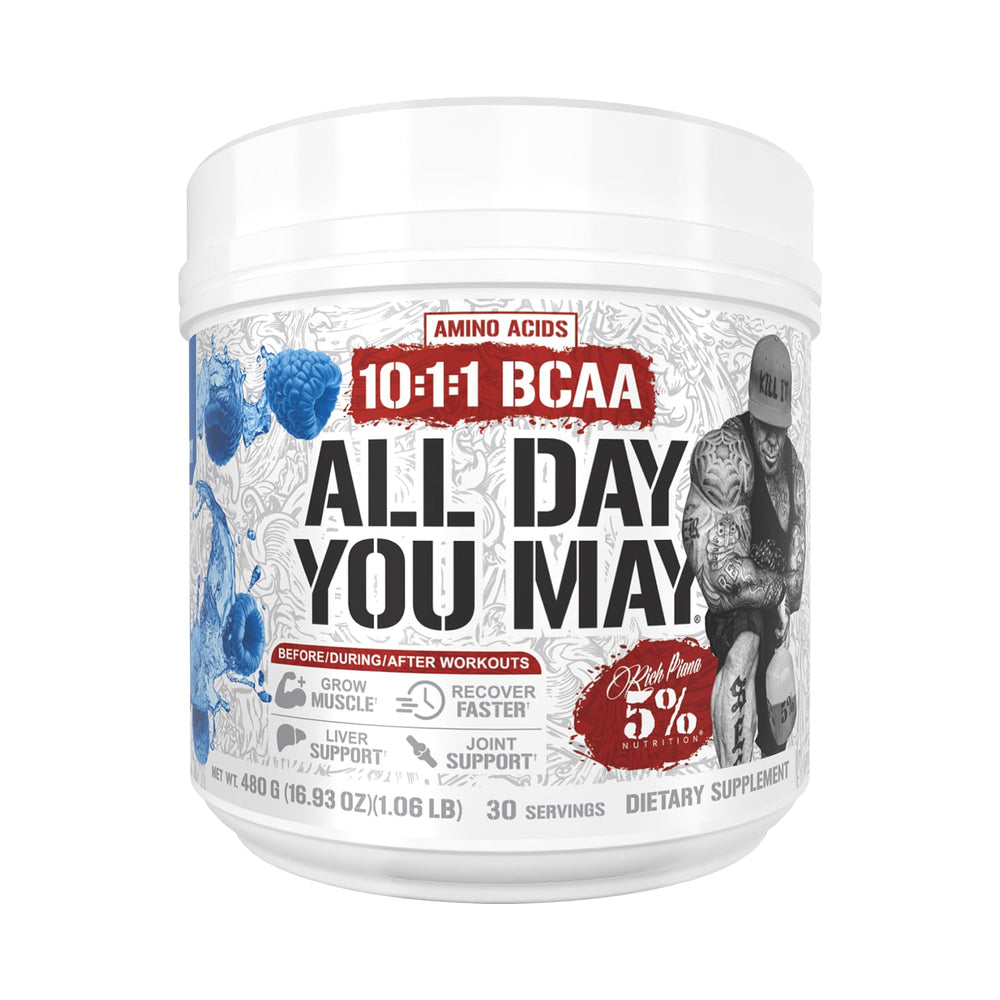 5% Nutrition Rich Piana ADYM BCAA powder bottle for hydration during workouts