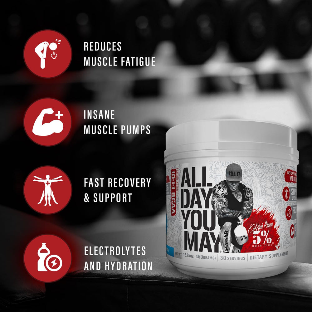 5% Nutrition Rich Piana ADYM BCAA powder label close-up highlighting ingredients