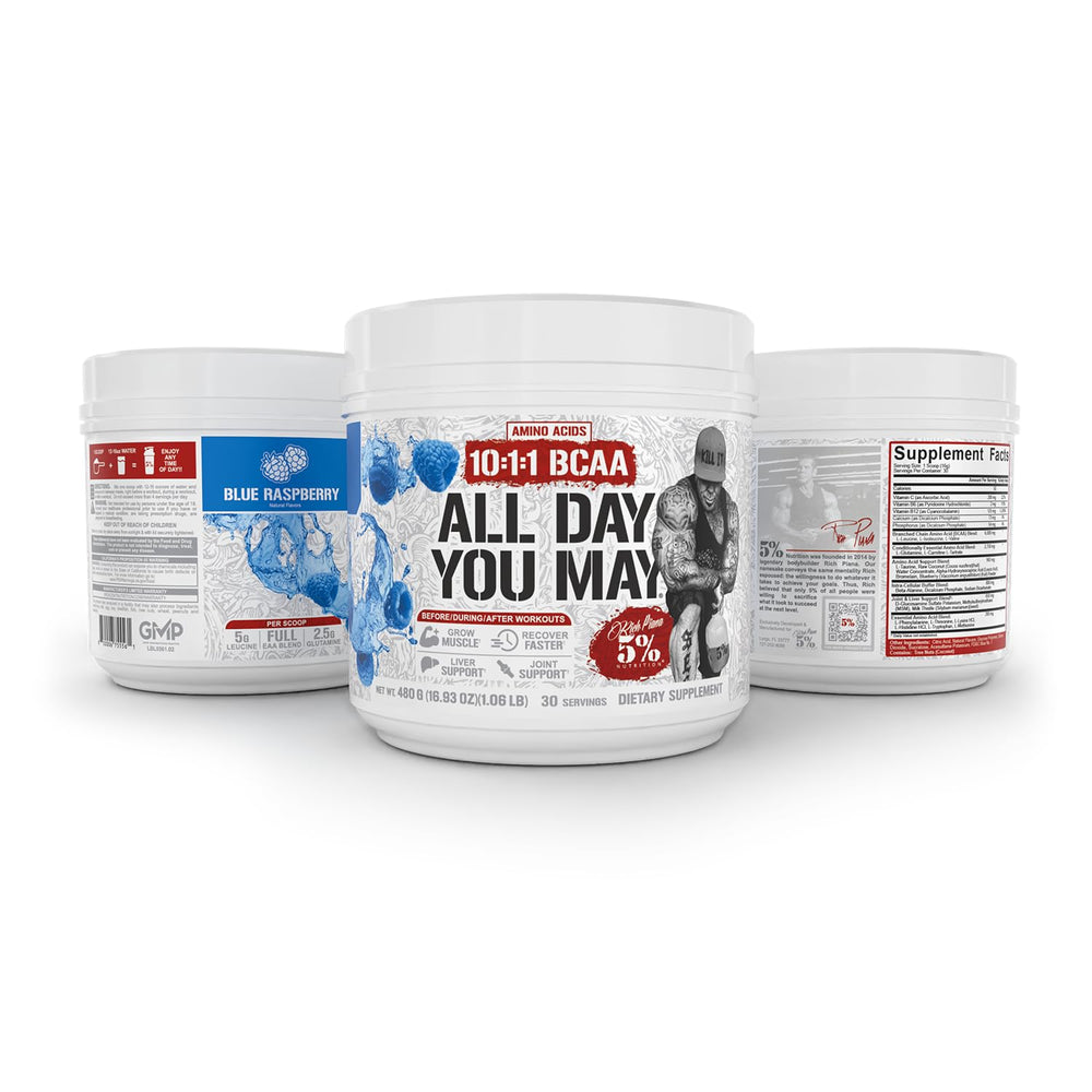 5% Nutrition Rich Piana ADYM BCAA powder scoop showing measured servings for training