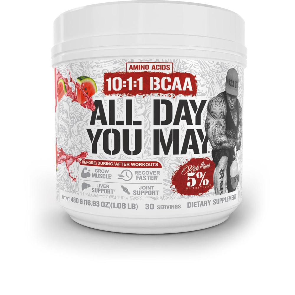 5% Nutrition Rich Piana AllDayYouMay BCAA powder tub for recovery and hydration during workouts.