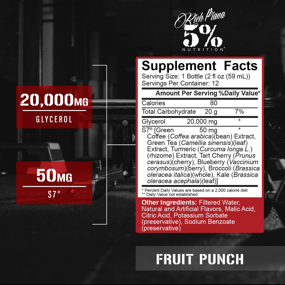 5% Nutrition Rich Piana Pump Shot bottle pour showing ready-to-drink workout boost