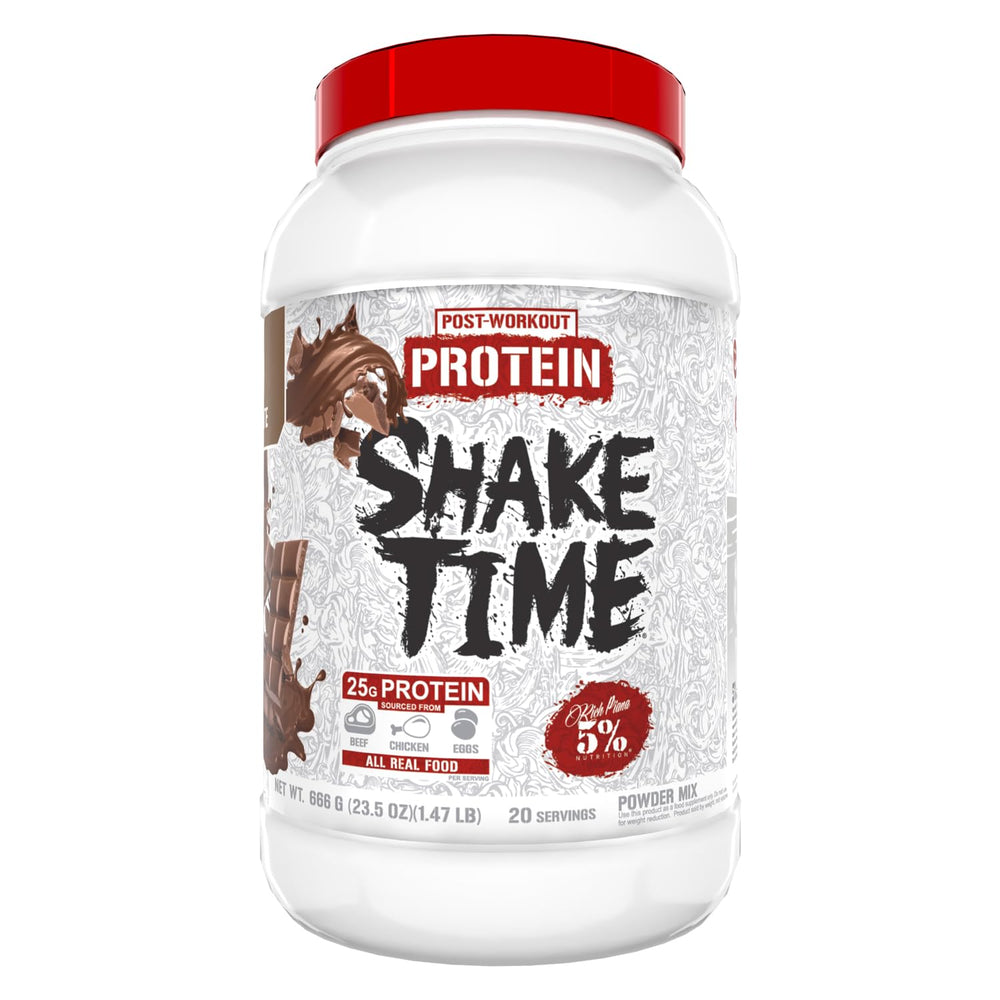 Rich Piana Shake Time chocolate bottle shows beef and egg protein blend for post-workout
