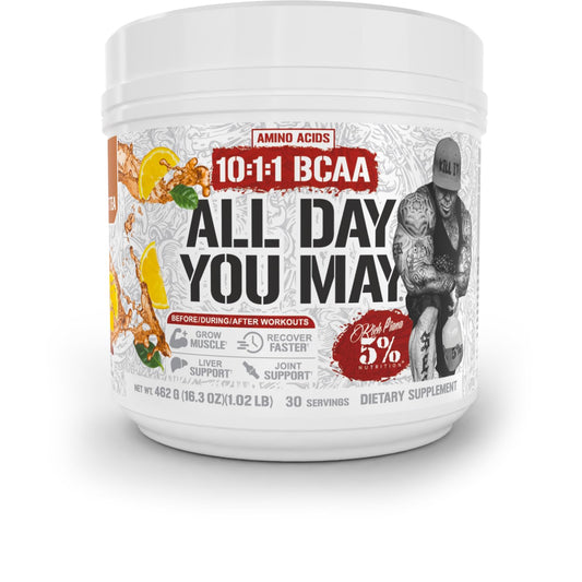 5% Nutrition Rich Piana AllDayYouMay BCAA powder bottle for all-day hydration.