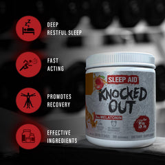 Rich Piana Knocked Out tub packaging highlighting premium sleep support formula
