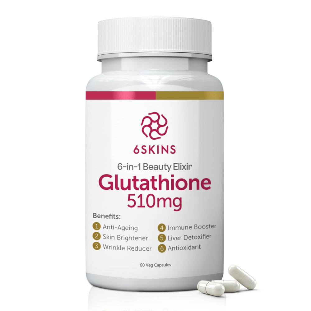 6SKINS 6in1 Beauty Elixir bottle showcasing premium liposomal glutathione for skin vitality.