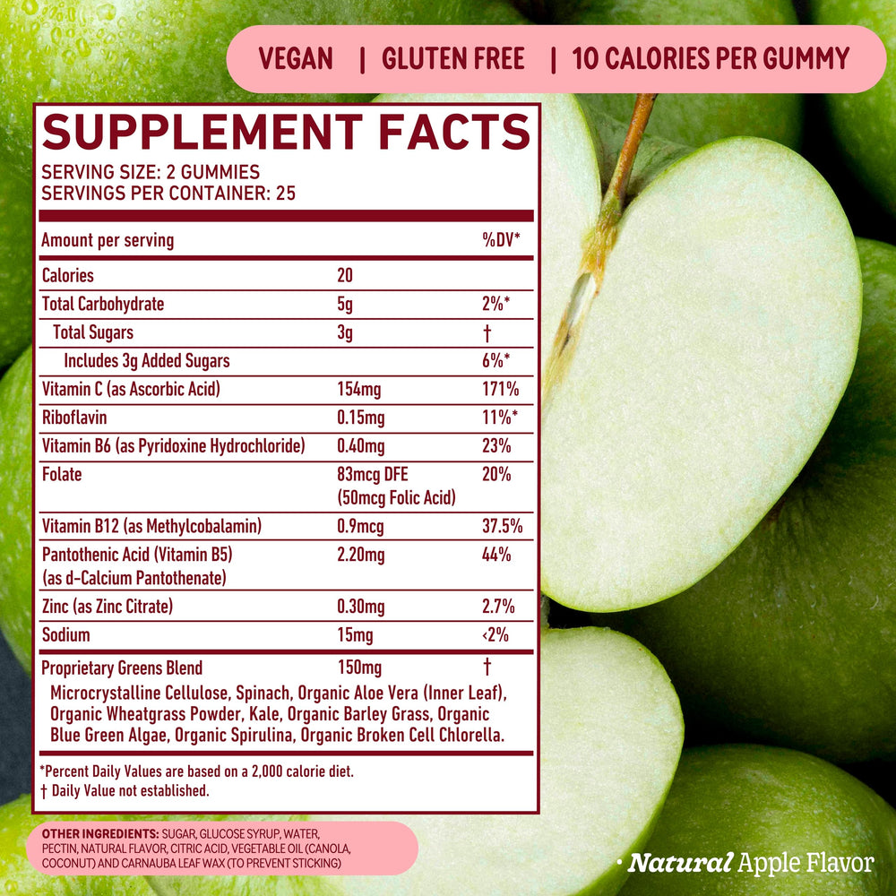 8Greens Supergreens Gummies nutrition facts label highlights vitamins for daily nutrients.
