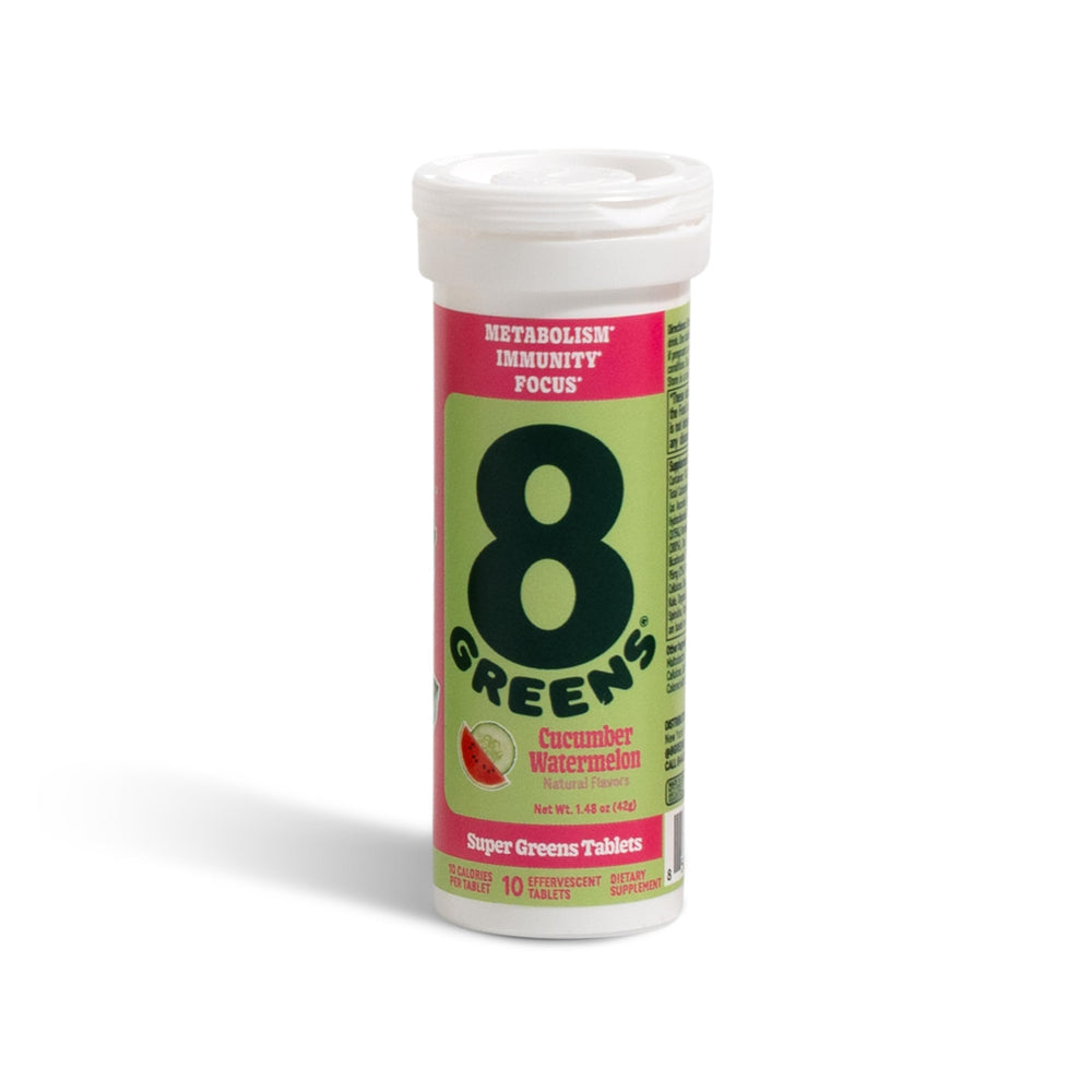 Closeup of 8Greens Supergreens tablets with colorful fruity flavors