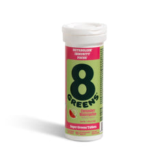 Closeup of 8Greens Supergreens tablets with colorful fruity flavors