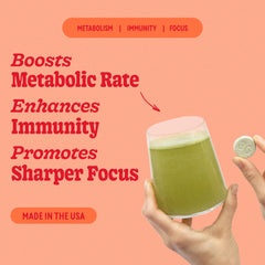 8Greens tablets dissolving in water for a refreshing daily greens boost.