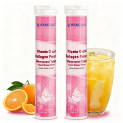 9 YOUNG-BASIC Vitamin C effervescent tablets dissolving in water for a refreshing drink.