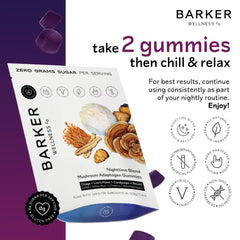Barker Wellness Nighttime gummies close-up emphasizing vegan sugar-free composition for evening use.