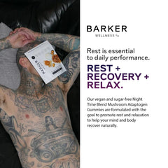 Barker Wellness Nighttime ingredient-list card highlighting lemon balm and valerian for relaxation.