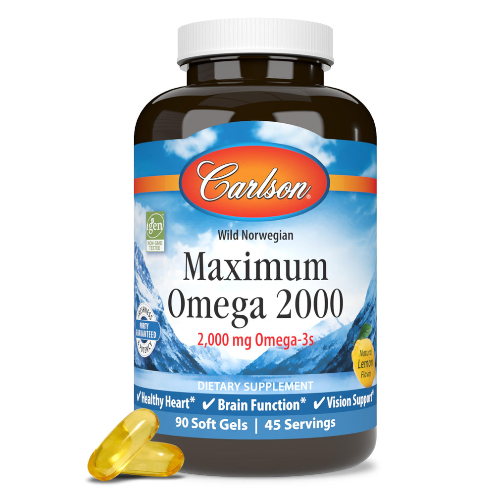 Carlson Maximum Omega 2000 bottle with lemon flavor for daily wellness
