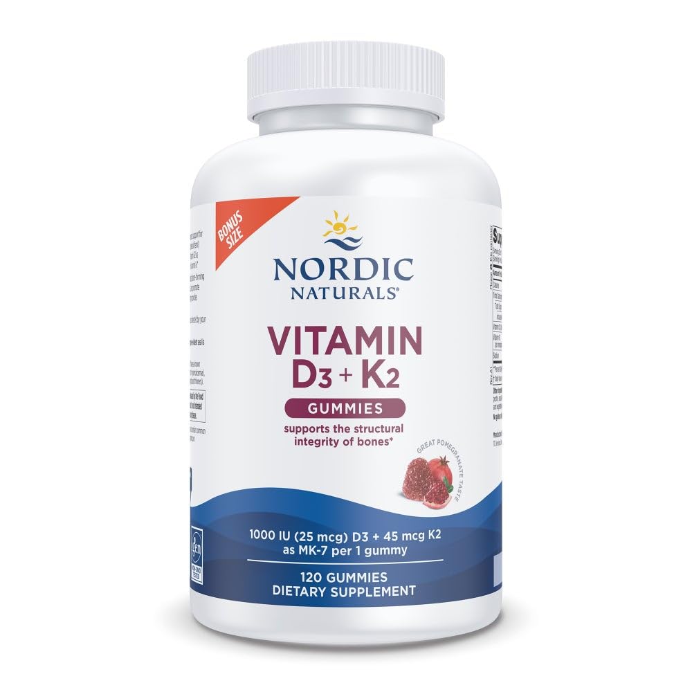 Nordic Naturals Vitamin D3 and K2 Gummies bottle with pomegranate flavor supports bone health